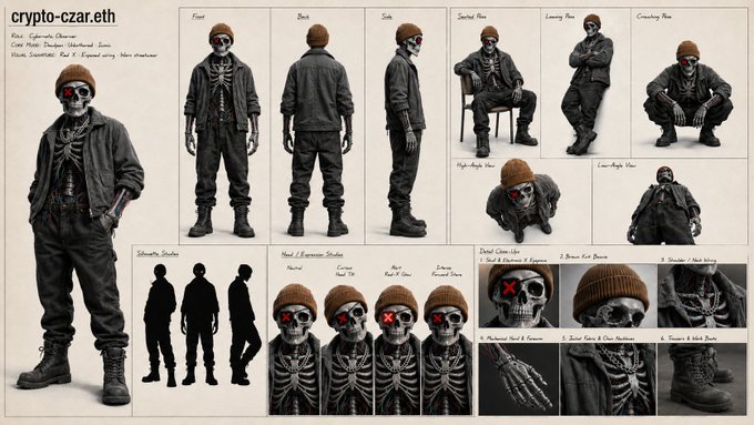 Character design reference sheet for 'crypto-czar.eth,' showing a skeleton figure in various poses (front, back, side, seated, standing) wearing an orange beanie, black shirt, and tactical gear.
