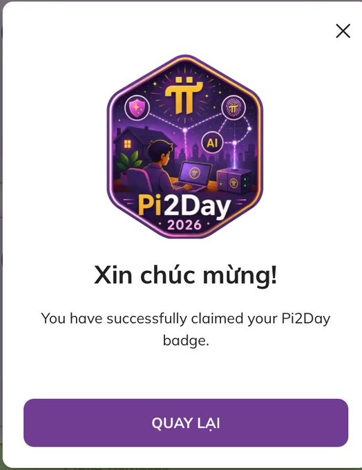 A pop-up congratulates the user in Vietnamese with "Xin chúc mừng!" for successfully claiming their Pi2Day 2026 badge featuring a π symbol and "AI" text, above a purple "QUAY LẠI" button. The image illustrates the reward screen of Pi Network's Pi2Day event referenced in the post's quick-answer guide.