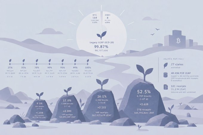 A Legacy LEAF (ICO-20) statistics dashboard showing 99.87% completion with 98,737,656 LEAF, displaying block production tiers and statistics like 52.5% mainnet, 26.1% in blocks, and 12.0% rewards.