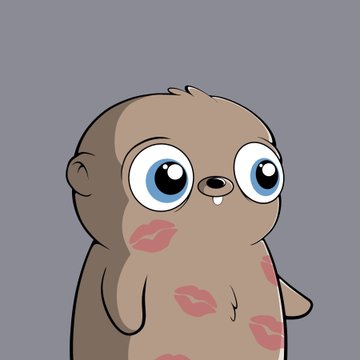 A cartoon illustration of a chubby brown animal character with big blue eyes and pink kiss marks on its cheeks against a gray background.