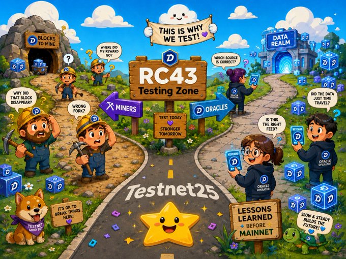 The image features a cartoon-style poster with a group of people, including children, standing around a road that has signs for "RC43 Testing Zone" and "Testnet25". The poster also includes a cartoon character holding a sign that says "This is why we test! RC43 Testing Zone". The text on the poster indicates that there was an unintentional fork in the TestNet chain following Oracle Oracle swap tests, which led to the discovery of an important oracle testing issue.