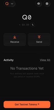 Screenshot of the Guarda cryptocurrency wallet mobile app interface showing a $0.00 balance, Receive and Send buttons, 'No Transactions Yet' activity section, and a 'Get Testnet Tokens' button.