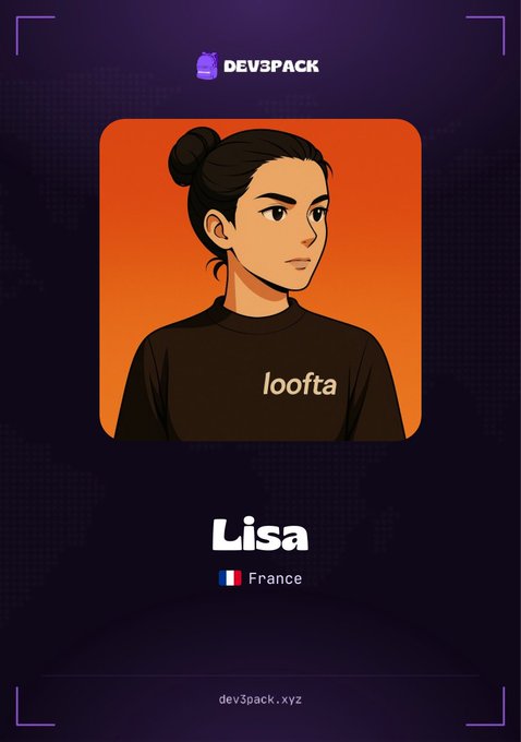 A stylized profile card from DEV3PACK featuring an illustrated avatar of a woman named "Lisa" from France, wearing a "loofla" shirt against an orange background. The card represents her membership in the women-in-AI/Web3 community referenced in the post, inviting viewers to join via the dev3pack.xyz referral link.