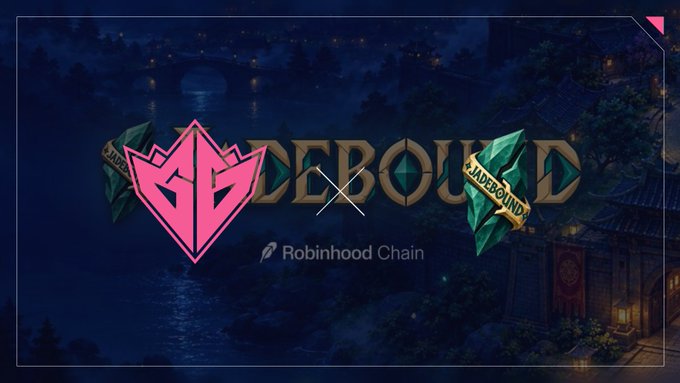 Promotional banner for Jadebound featuring a pink geometric logo and the text 'Jadebound' with 'Robinhood Chain' displayed below, set against a fantasy village background.