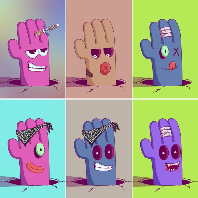 A six-panel grid of colorful cartoon hands emerging from holes, each with a different injury, expression, bandage, or bandana.