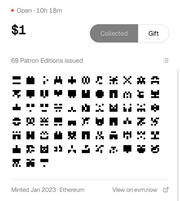 An NFT artwork minted on Ethereum in January 2023 with 69 Patron Editions issued, currently displayed on a marketplace listing for $1 with a "Collected" status. The image illustrates how the "Patron Editions" feature allows for additional editions to be created on already-minted artwork.