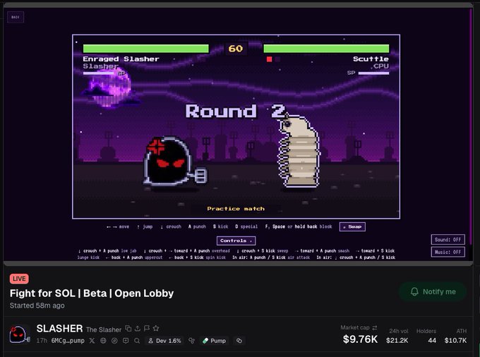 This image shows a live streaming broadcast titled "Fight for SOL | Beta | Open Lobby" featuring a pixelated fighting game called "SLASHER" with "Round 2" displayed and a market cap of $9.76K.