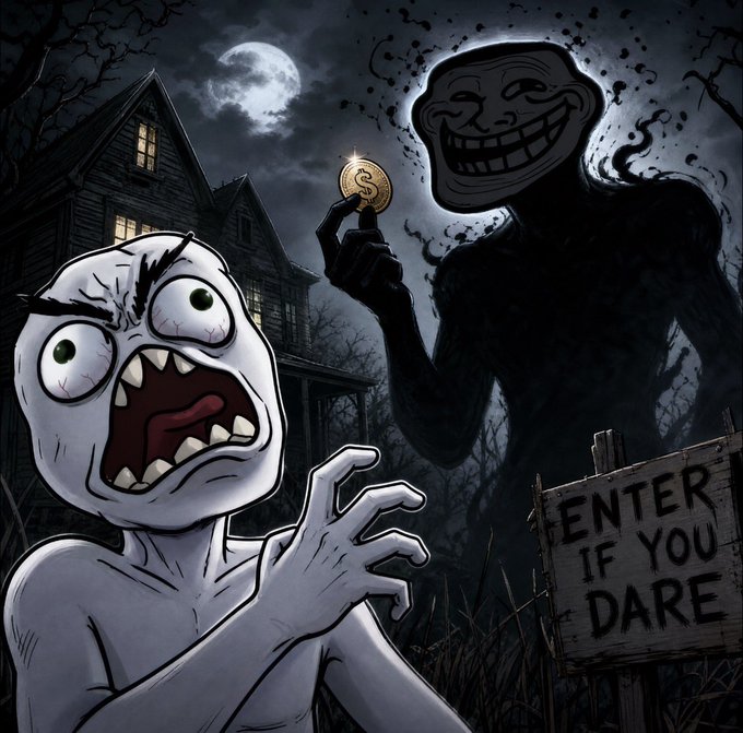 A cartoon-style Halloween illustration showing a terrified white ghost-like character in the foreground and a dark shadowy troll figure holding a gold coin in the background, with a wooden sign reading 'ENTER IF YOU DARE' near a haunted house under a full moon.