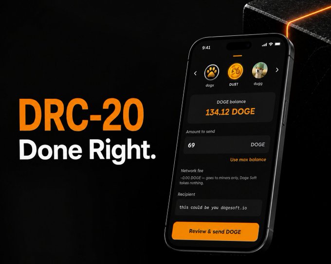 A 'DRC-20 Done Right.' promotional graphic shows a mobile wallet interface with DOGE balance of 134.12 DOGE, displaying account icons for dogx, du$t, and dogg, with a 'Review & send DOGE' button.