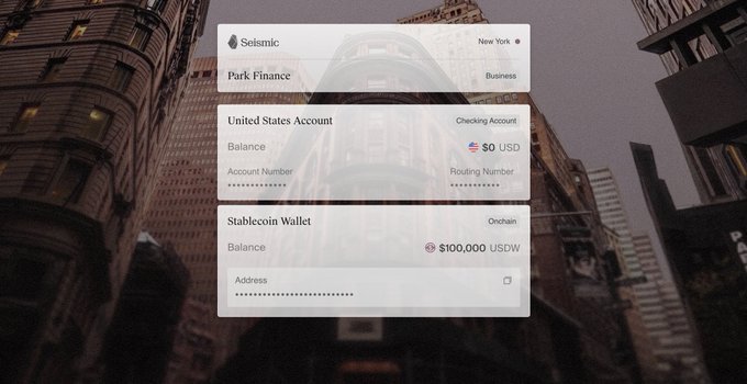 A financial app interface displays a "Park Finance" account under "Selsamic" with a $0 USD balance and a "Stablecoin Wallet" showing 100,000 USDW against a backdrop of city buildings.