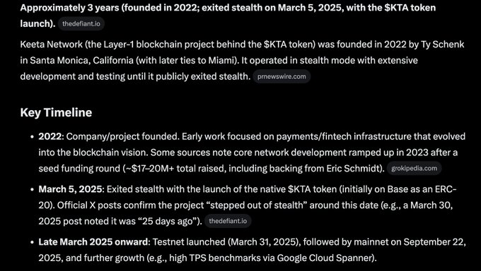 Text describing Keeta Network, the Layer-1 blockchain behind the $KTA token, founded in 2022 by Ty Schenk, with a key timeline including stealth exit on March 5, 2025, testnet on March 31, 2025, and mainnet on September 22, 2025.