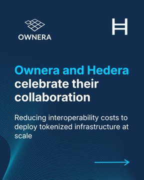 A promotional graphic featuring the Ownera and Hedera logos, with text celebrating their collaboration and highlighting their goal of "Reducing interoperability costs to deploy tokenized infrastructure at scale," which aligns with the post's message about combining Ownera's connectivity layer with Hedera's distributed ledger technology to address fragmentation in digital markets.