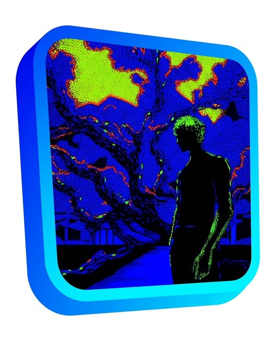 A stylized neon-edged image depicting the silhouette of a young man standing before a gnarled tree under a sky with clouds, all rendered in high-contrast blue, green, and red.