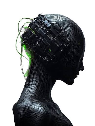 A digital artwork of a black humanoid figure with a textured, mesh-like body, featuring an exposed mechanical brain with black components and glowing green wires against a white background.