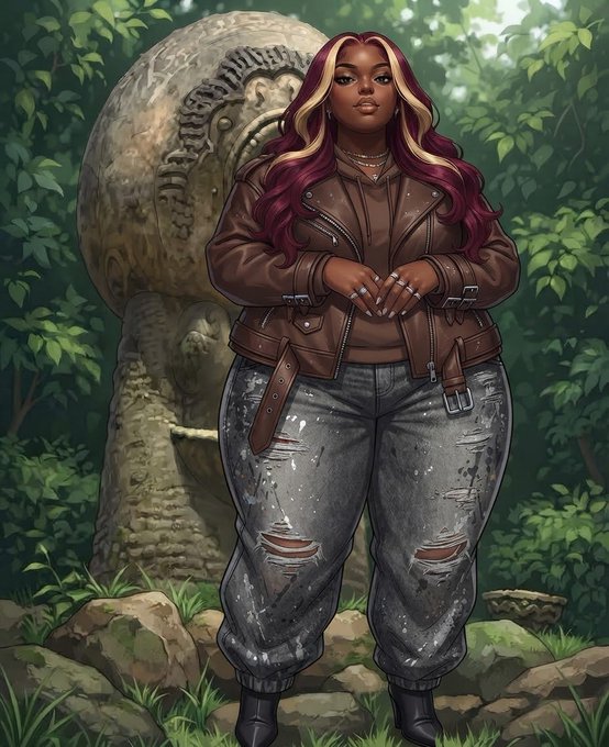 A digital illustration of a plus-size Black woman with long wavy red and blonde hair wearing a brown leather jacket and distressed jeans, posing in front of a carved stone statue in a lush green forest.