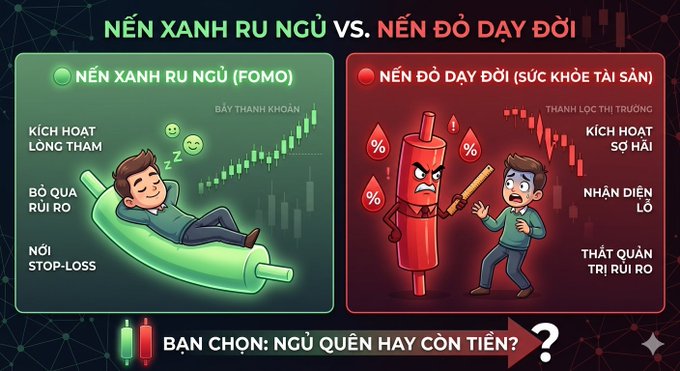 A Vietnamese-language infographic titled 'NỀN XANH RU NGỦ VS. NỀN ĐỎ DẠY ĐÒI' comparing two stock trading mindsets: a green 'FOMO' side showing a sleeping cartoon man on a green chart, and a red 'Sức khỏe tài sản' side showing an angry red candle confronting a frightened man on a downtrend chart, with the caption 'BẠN CHỌN: NGỦ QUÊN HAY CÒN TIẾN?'.