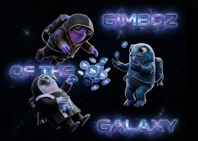 Promotional artwork for 'GIMBOZ OF THE GALAXY' featuring cartoonish characters in spacesuits floating in space alongside a blue creature and a cluster of tokens.