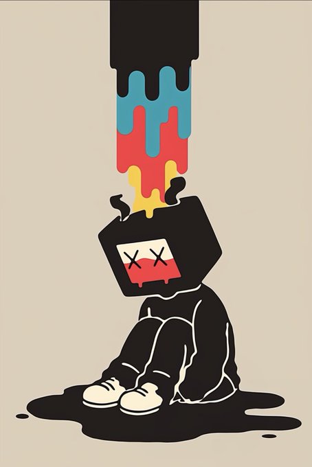 An illustration of a black box-headed figure with X's for eyes, crouched down and bleeding out while colorful paint pours from above onto its head.