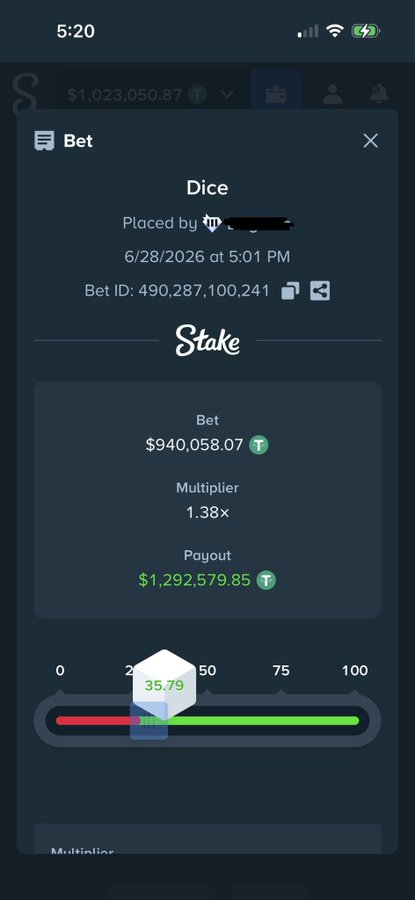The image shows a Stake.com Dice bet slip where a user wagered $940,058.07 USDT with a 1.38x multiplier, resulting in a $1,292,579.85 payout, with the dice roll landing on 35.79. This relates to the post by showcasing a high-stakes gambling win, suggesting the bettor's risk-taking and "motion" (activity/success) rivals that of someone with an enormous fortune.