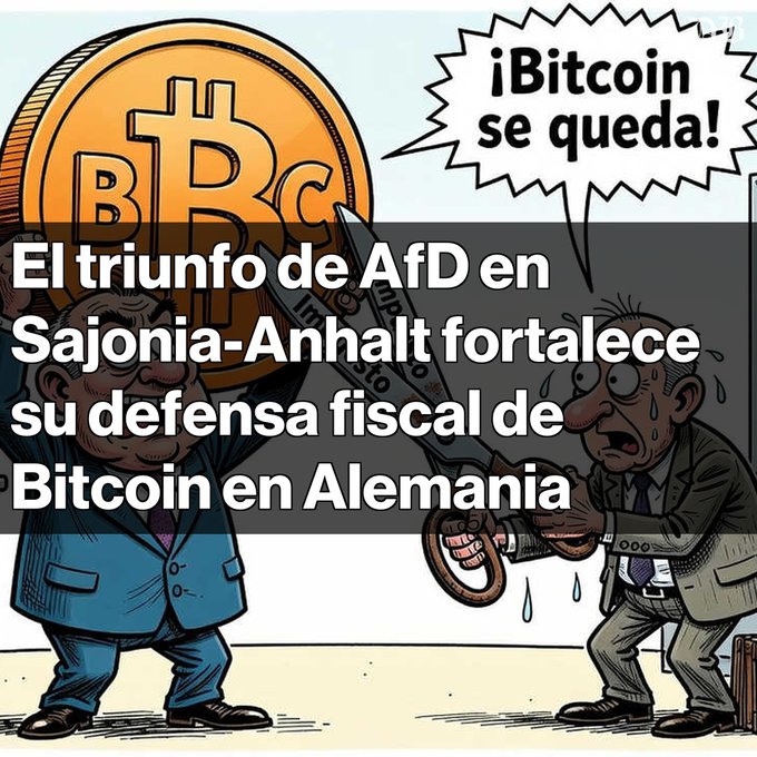 Cartoon illustration with Spanish text 'El triunfo de AfD en Sajonia-Anhalt fortalece su defensa fiscal de Bitcoin en Alemania', showing a sweating man being threatened with giant scissors while a large Bitcoin coin is held above.