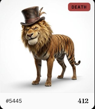 A card labeled 'DEATH' featuring an illustration of a tiger wearing a top hat, marked #5445 with the number 412.