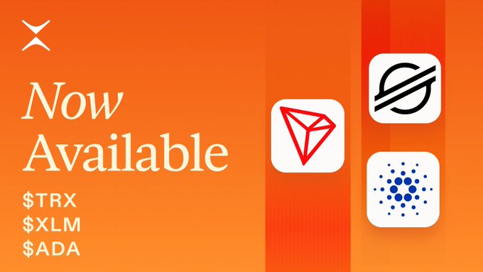 The image shows an orange banner with a white line through it, advertising three different cryptocurrency wallets available for download. The first wallet is labeled as Trx (Transaction Ripple), the second one is labeled as XLM (Lemons), and the third one is labeled asADA ( Ethereum). The text on the banner indicates that these wallets are now available for purchase and installation. The image shows a close-up view of the website, with the wallet icons clearly visible next to each other in the center of the orange background.