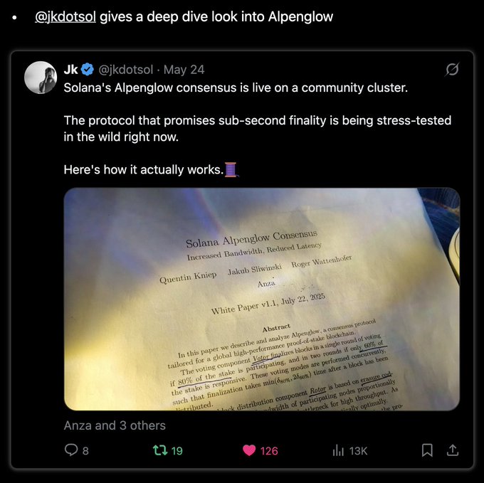 A tweet showing a screenshot of an open book titled "Sola's alpenglow concerns" with a white background, written in black text against a gold colored frame, and a hashtag at the bottom hinting that this might be a discussion or sharing related to the content on the book. The post also mentions a thread where a user named "@readylayerone" has contributed their thoughts about the book's content.