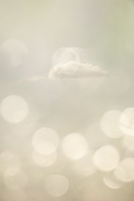 An abstract, dreamy image with soft bokeh light effects in cream and pale green tones, featuring a faint cloud-like shape in the upper portion.