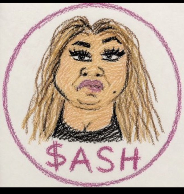 A hand-drawn colored pencil portrait of a woman with blonde hair and dark lipstick inside a purple circle, with the text '$ASH' written below in pink.