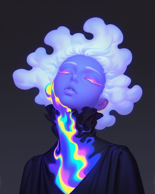 A digital 3D art portrait of a figure with white curly hair and closed eyes with pink eyelashes, with colorful rainbow flame-like patterns emerging from their neck.