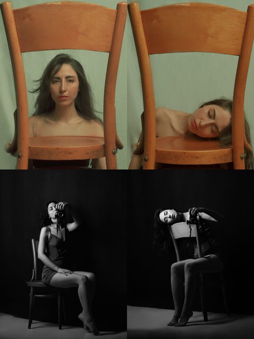 A four-panel artistic photo composition showing a woman seated and resting on wooden chairs in both color and black-and-white versions.