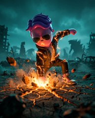A 3D-rendered character with purple hair and sunglasses leaps dynamically over glowing, cracking ground in a dark, fantasy-style setting.