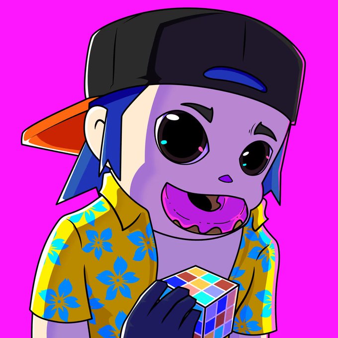 A cartoon illustration of a character with purple skin, large expressive eyes, wearing a backwards black cap and a yellow floral shirt, holding a Rubik's cube against a magenta background.
