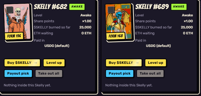 A screenshot showing two NFT profile cards labeled 'SKELLY #682' (Form 156) and 'SKELLY #689' (Form 168), both marked 'AWAKE', with stats showing 25,000 $SKELLY burned, paid in USDG, and options to 'Buy $SKELLY', 'Level up', 'Payout pick', or 'Take out all'.