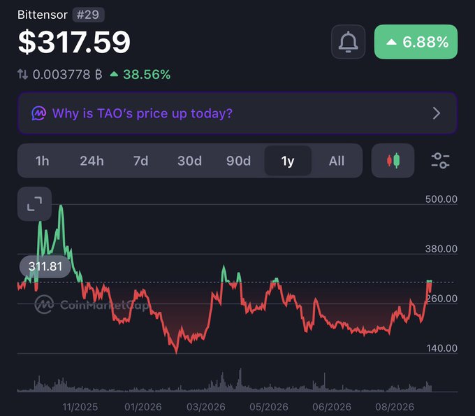 A CoinMarketCap price chart for Bittensor (TAO) ranked #29, showing a current price of $317.59 with a 6.88% increase and a featured question 'Why is TAO's price up today?', displaying a 1-year candlestick trend.