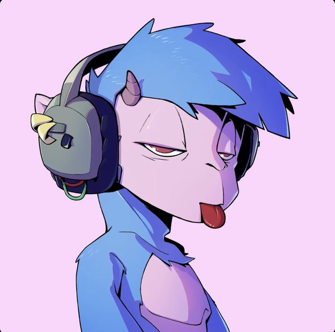 A blue, furry anthropomorphic character with small horns wears headphones and sticks out its tongue in a playful pose against a pink background. The image appears to be a stylized "GM" (Good Morning) post showcasing the user's new goat-themed avatar or NFT collection.
