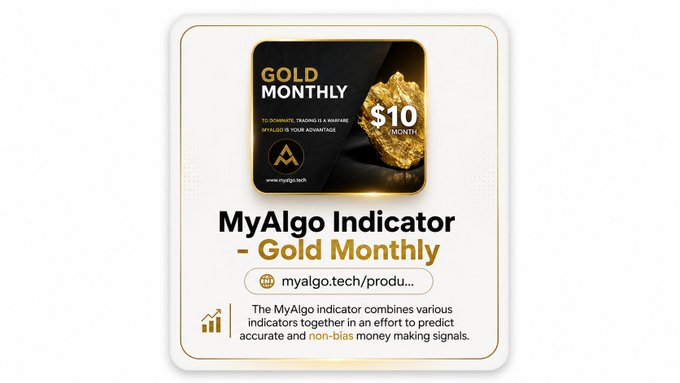A promotional graphic for "MyAlgo Indicator – Gold Monthly" priced at $10/month, featuring a black and gold branded card with the MyAlgo logo and tagline "TO DOMINATE, TRADING IS A WAY OF LIFE. MYALGO IS YOUR ADVANTAGE." The post highlights how the tool combats emotional trading by combining multiple indicators to deliver non-bias, repeatable signals, reinforcing the image's marketing of a structured, rules-based trading approach.