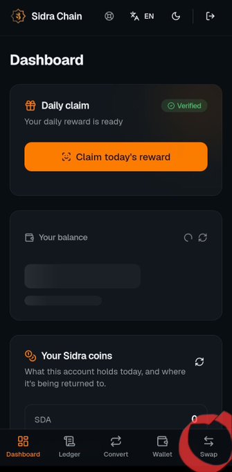 Mobile dashboard screenshot for 'Sidra Chain' featuring a 'Daily claim' button, a 'Your balance' section, and a navigation bar with Dashboard, Ledger, Convert, Wallet, and Swap tabs.