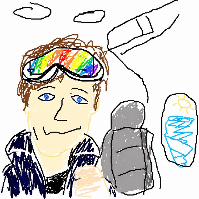 The image features a man wearing goggles, holding a backpack, and looking at the camera with a smile. The background of the drawing includes clouds and a rainbow-colored object that appears to be a water bottle or a white box. There are also some words in the image, such as "post", "afternoon thoughts", "@quipnetwork", and "focus on what is in the image". These elements suggest that this drawing might have been created by someone who was inspired by the post about sleepagotchis and how it relates to their daily life. The man's smile could be a reflection of his positive attitude towards the idea or simply an expression of happiness while creating the artwork.