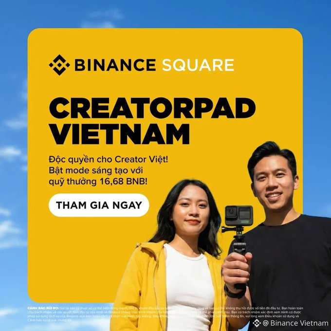 A Binance Square advertisement promotes 'CREATORPAD VIETNAM' in Vietnamese, featuring a young couple with a camera and offering a prize pool of 16.68 BNB.