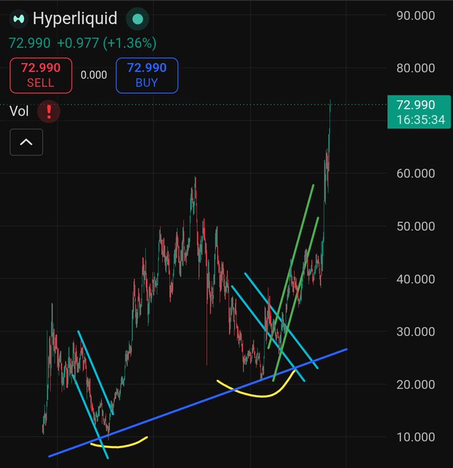 The image shows a chart of stock prices for Hyper Liquid, with a line graph displaying the price fluctuations over time. The chart has multiple lines representing different stocks, and there are labels indicating the names of the stocks. The text "HYPE ATH 13" is also present in the image. The post suggests that the user should buy Hype when the stock price reaches $73.00 or higher.