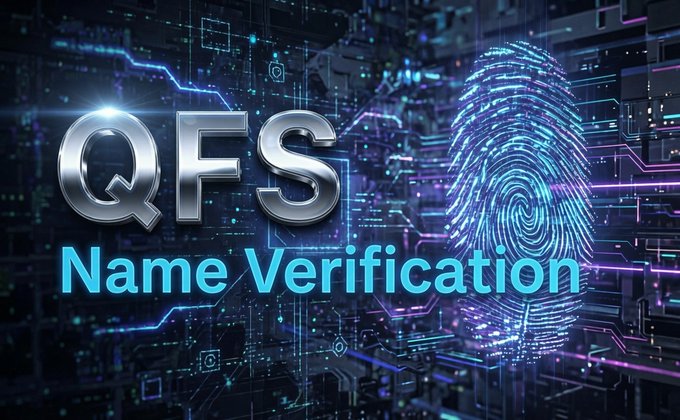 A futuristic digital graphic displays "QFS Name Verification" in metallic silver and cyan text alongside a glowing blue fingerprint, set against a circuit-board background of neon lines and data streams—visually symbolizing the advanced biometric identity and digital security themes discussed in the post about the Quantum Financial System and its alleged integration with ISO 20022, XRP, and XLM.