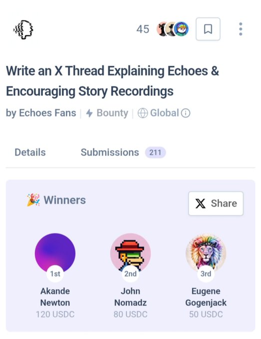 A screenshot of a bounty post titled 'Write an X Thread Explaining Echoes & Encouraging Story Recordings' lists winners Akande Newton (1st, 120 USDC), John Nomadz (2nd, 80 USDC), and Eugene Gogenjack (3rd, 50 USDC).