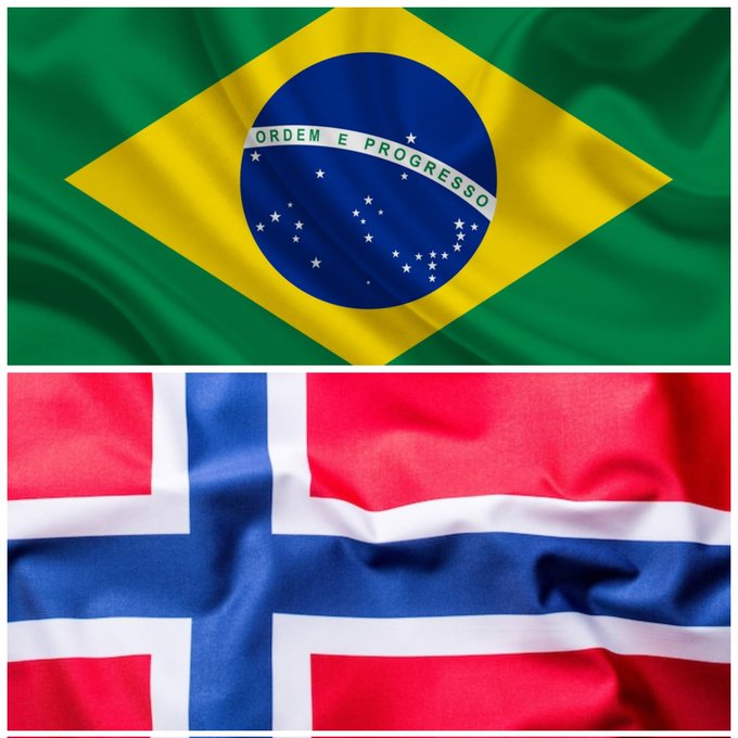 Two flags are displayed: the Brazilian flag on top, featuring a green field with a yellow rhombus and blue circle bearing the motto "ORDEM E PROGRESSO" alongside stars representing constellations, and the Norwegian flag on the bottom, showing a red field with a blue Scandinavian cross outlined in white. The image directly relates to the post, which highlights Brazil vs. Norway as the featured FIFA World Cup match and invites viewers to predict the outcome for a chance to win $10 in SOL.