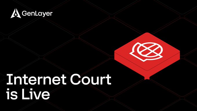 A promotional graphic for GenLayer featuring a red 3D cube logo with a globe icon, announcing 'Internet Court is Live' on a black hexagonal background.