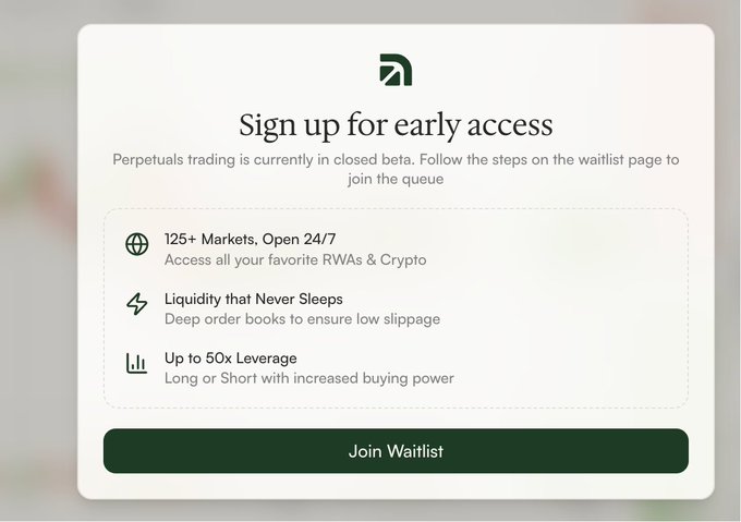 A 'Sign up for early access' waitlist popup featuring '125+ Markets', 'Liquidity that Never Sleeps', and 'Up to 50x Leverage' with a 'Join Waitlist' button.