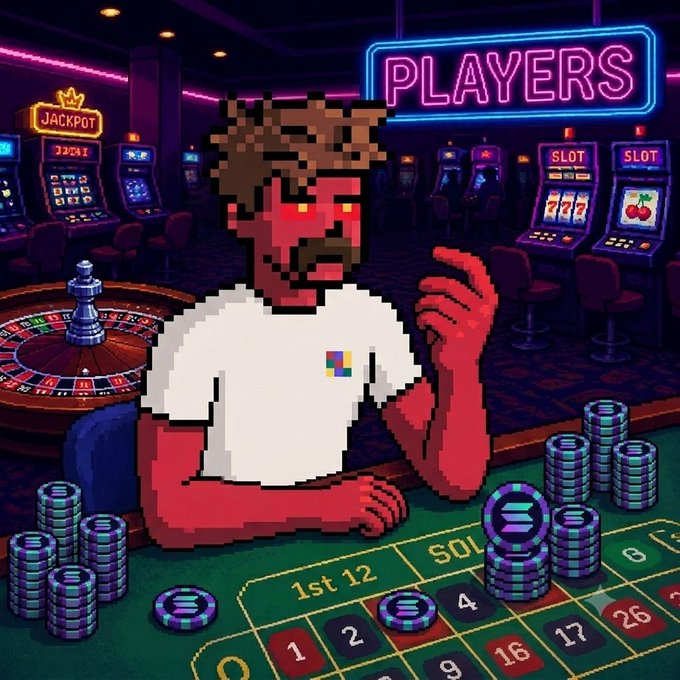 A pixel art illustration depicts a red-toned character with curly hair at a roulette and slot machine table in a casino, with a 'PLAYERS' neon sign visible in the background.
