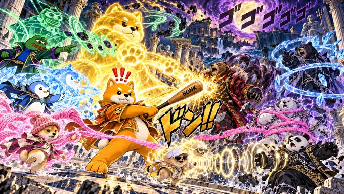 A vibrant, action-packed illustration featuring an army of Shiba Inu characters in various costumes and powers battling in an ancient Greek-style arena setting with dramatic lighting and effects.