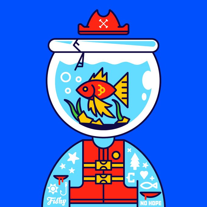Colorful illustration of a character with a fishbowl for a head containing a fish with a Bitcoin symbol, wearing a pirate hat and red outfit, with "Fishy" and "NO HOPE" text on a blue background.