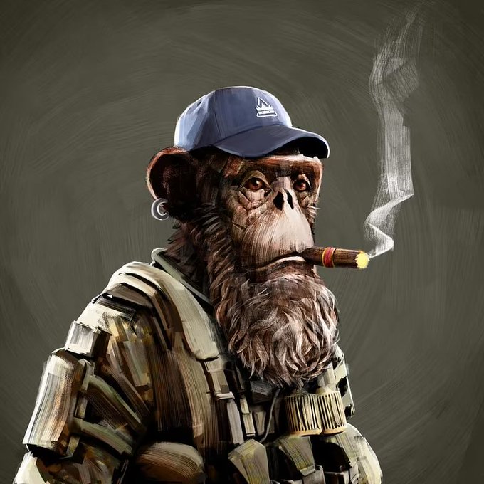 A painted portrait of a monkey wearing tactical military gear and a blue baseball cap, smoking a cigar with smoke trailing upward.